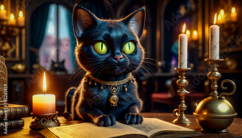 A magical black cat tells fortunes on a Magic Book from the wizard's room