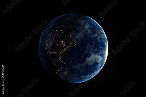 planet Earth at night  as seen from space. The image is dominated by the blue and green continents of Earth  which are illuminated by the soft light of the setting sun