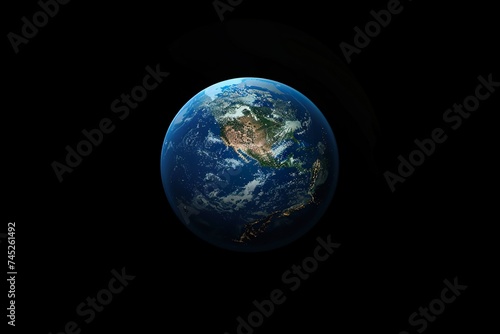 planet Earth at night  as seen from space. The image is dominated by the blue and green continents of Earth  which are illuminated by the soft light of the setting sun