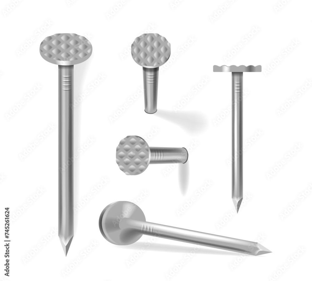 Realistic New Nails and Nails Hammered Into Wall, Showcasing Steel Or Silver Heads. Straight Metal Spikes, Hobnails Realistic New Nails and Nails Hammered Into Wall, Showcasing Steel Or Silver Heads. Straight Metal Spikes, Hobnails