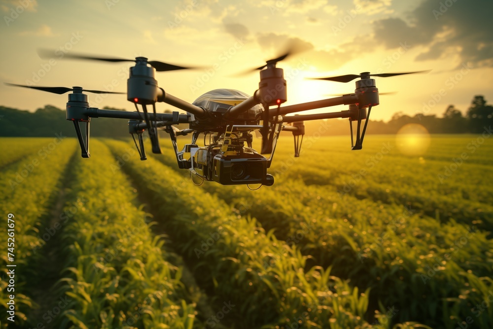 Obraz premium Smart agricultural drones over lush farmland Precision farming technology at sunset 