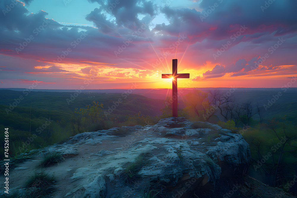 Ash wednesday, A cross located on a cliff near the sea, The evening sky near dusk is colorful and beautiful - obrazy, fototapety, plakaty 
