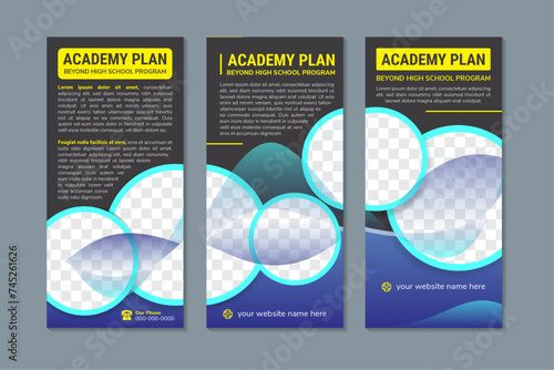 collection of three roll up banner design with headline academy plan. vertical layout with black background. gradient blue element. space for photo collage. Vector illustration for marketing product
