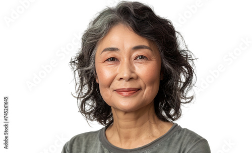 a U50 year old Chinese lady that is smiling but Young, stylish, rich. in a T-shirt. half length photo at about 30 degrees. head slightly raised, smile at the corner of his mouth isolated PNG