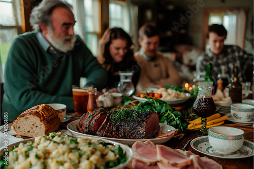 Family gathering for a St. Patrick's Day feast, with a table filled with traditional Irish dishes like corned beef and cabbage, soda bread, and colcannon