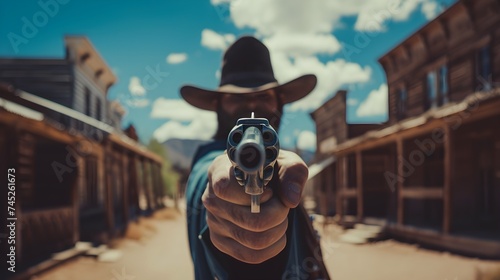 Western movie shot, front view of a cowboy ready to do a duel in middle of a wild west town pointing gun to camera