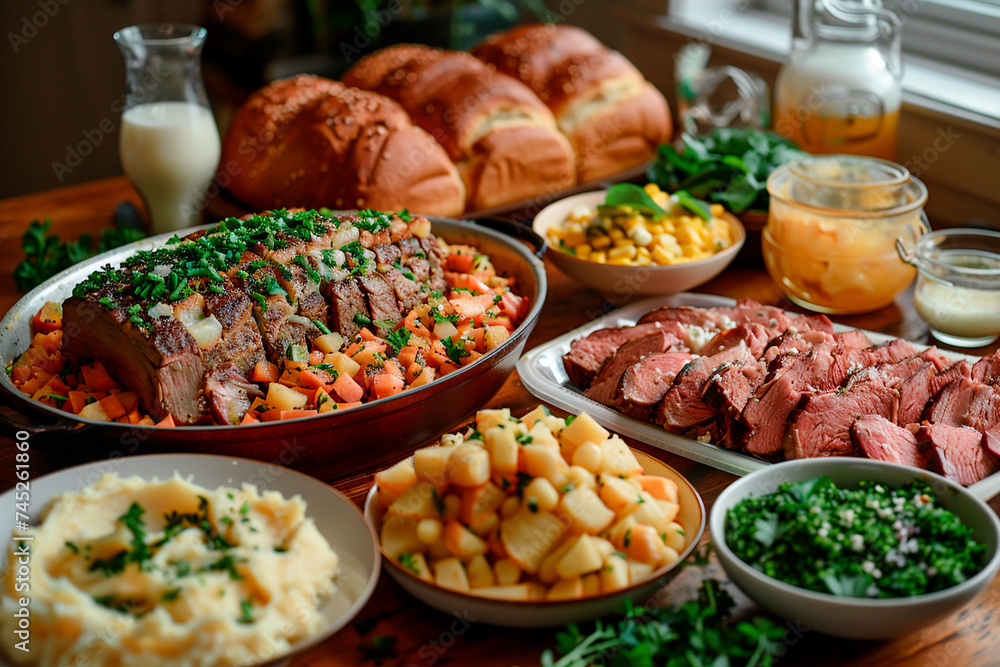 St. Patrick's Day feast, with a table filled with traditional Irish dishes like corned beef and cabbage, soda bread, and colcannon - obrazy, fototapety, plakaty 