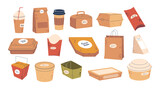 Disposable Paper Packages Vector Set. Convenient And Eco-friendly Cardboard Boxes For Single-use Packaging Needs