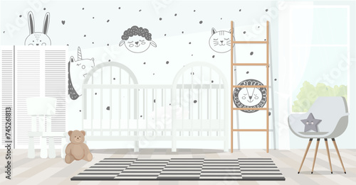 Stylish baby room interior with crib, armchair and hand drawn wallpapers