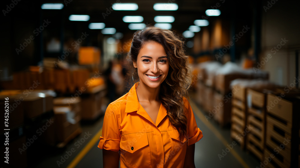latina woman wearing an orange shirt working in a warehouse, smiling and positive  - obrazy, fototapety, plakaty 