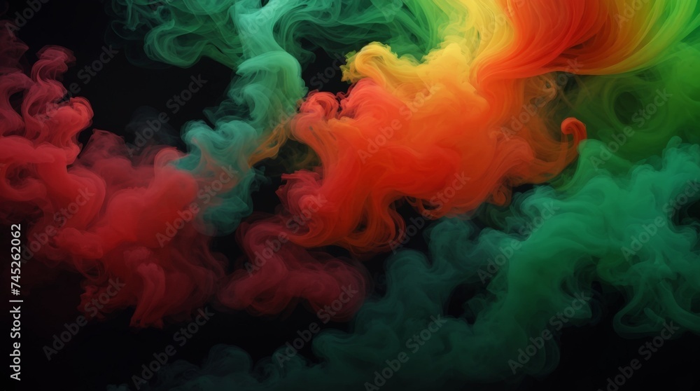 Colorful swirls of red green and yellow smoke move 
