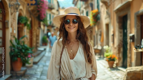 A stylishly attired woman strolls through a quaint Italian village, embodying the essence of shopping