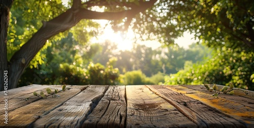 a wooden table on a garden background with glass