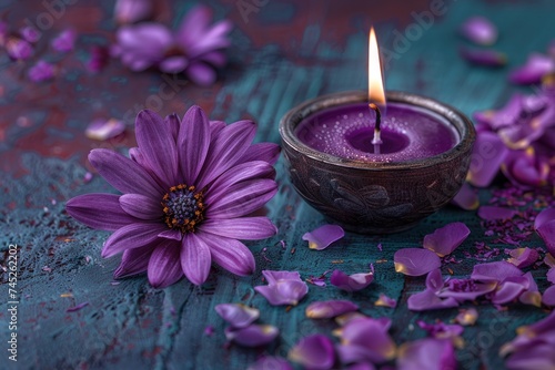 candle with purple flower on dark purple background