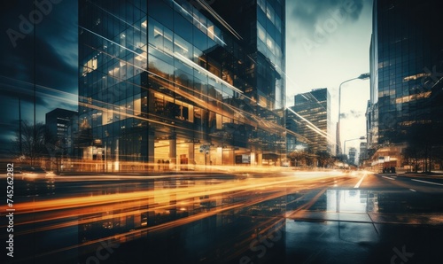 High speed urban traffic on a city highway during evening rush hour, car headlights and busy night transport captured by motion blur lighting effect.AI