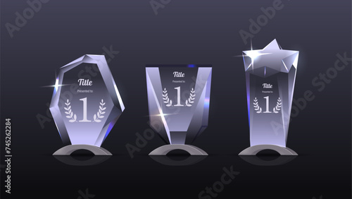 Glass Trophy Cups, Awards. Realistic Vector Champion Rewards With Clear Surface, Engraved Laurel Wreaths And Number One