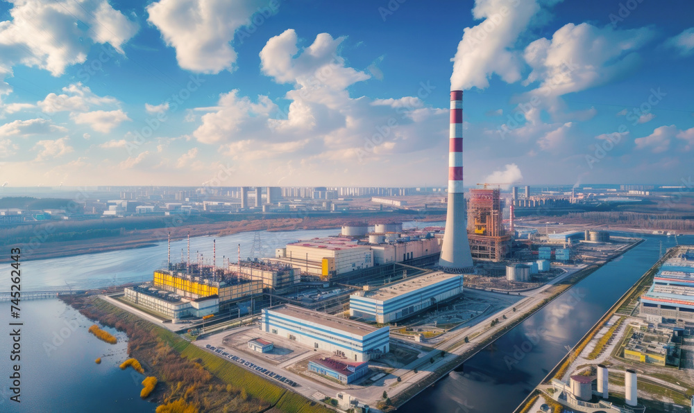 Obraz premium Steaming nuclear plant aerial view photo from drone at golden hour standing for green energy technology .Generative AI