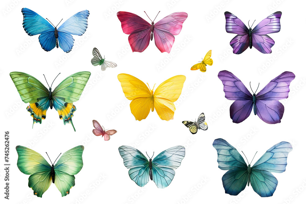 set of simplistic butterflies in various colors: blue, yellow, green, purple, pink, and orange illustration isolated PNG