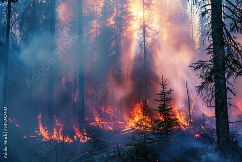 A dense forest fire with billowing smoke and bright red flames engulfing forested areas. Climate change and the threat to forest ecosystems. photo