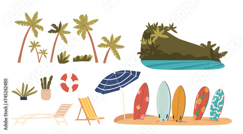 Summer Beach Items Set. Palm Trees, Sea or Ocean Water and Rock, Daybed and Lifebuoy. Surfboards Sticking in Sand