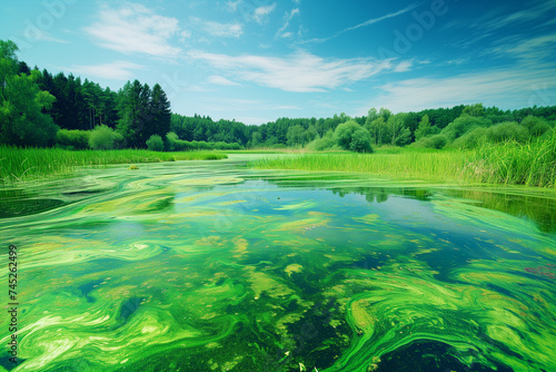 The effects of eutrophication, where bright blue-green algae cover bodies of water, emphasizing a serious ecological imbalance caused by an excess of nutrients. photo