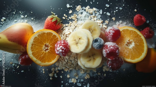 Assorted fruits and oats on a table  natural foods display