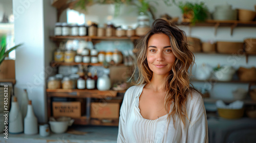 40s latina woman in a store with natural and organic products, in the background shelves with merch and boxes with daylight. Ecofriendly