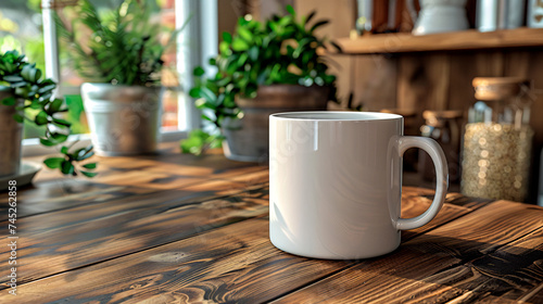 white cup of coffee on wooden table, mock up for branding