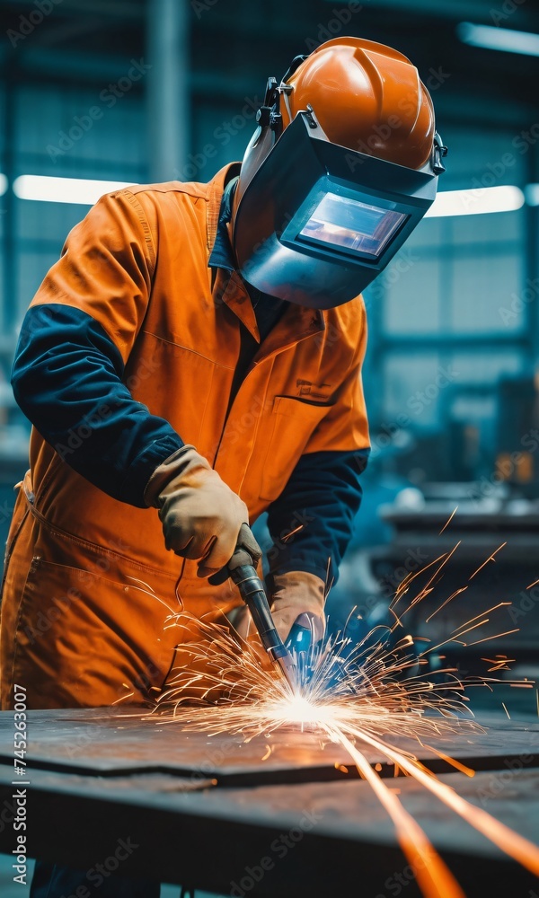 In the factory, the welding worker is using manual electric welding with sparks flying In the factory, the welding worker is using manual electric welding with sparks flying