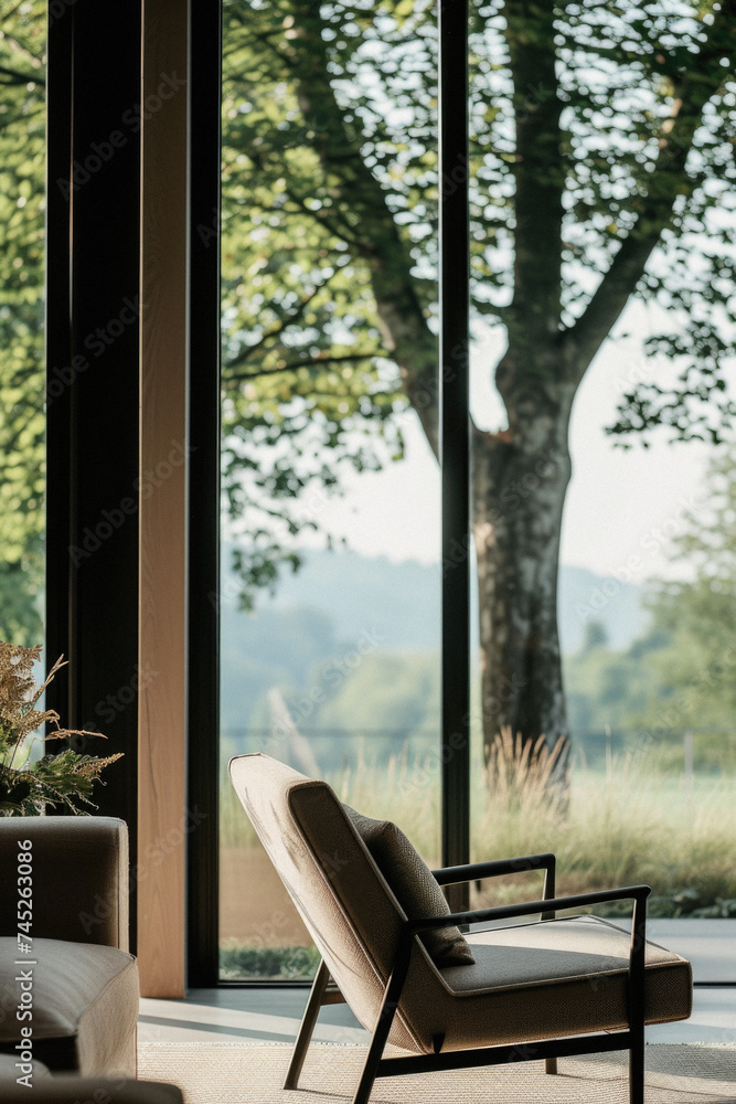 Fototapeta premium Modern living room interior in luxury house with big window and nature view