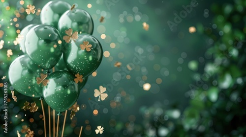 St. Patrick's Day card with Irish-colored balloons on green backdrop, confetti, clovers, gold coins