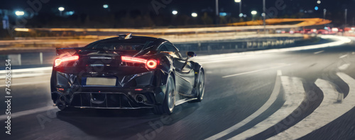 Back view of black super car going at high speed on highway at night, wide banner with copy space for text photo