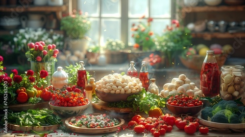 A table displaying bowls of vegetables and flowers by a window