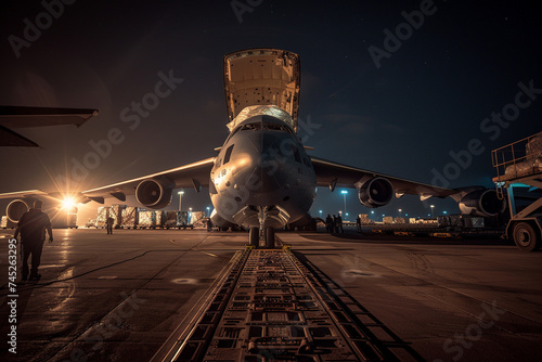 Amidst the cacophony of sounds at the airport  a cargo plane is loaded with goods  its engines roaring as ground crew work tirelessly to ensure that each item is securely stowed fo