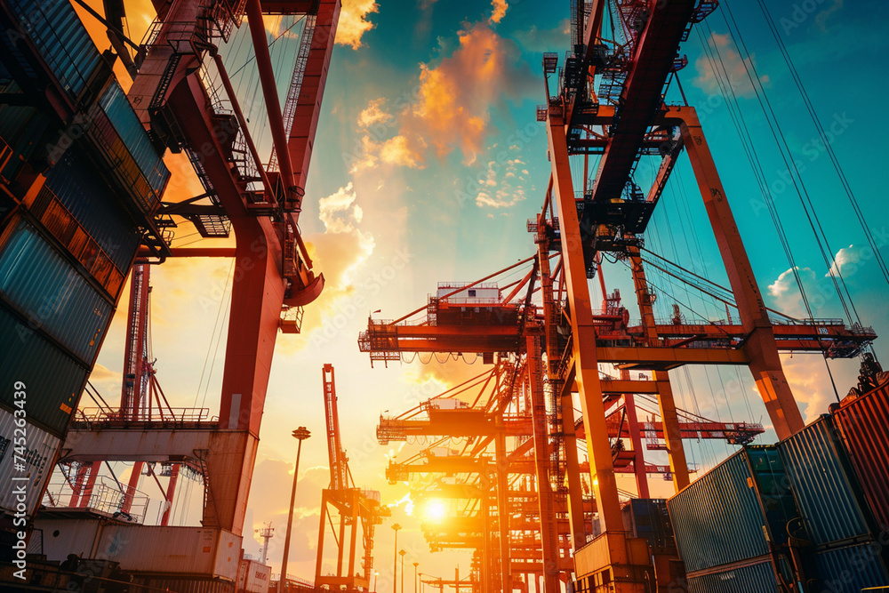 Close-up of massive cranes as they deftly maneuver cargo containers onto the deck of a container ship, their synchronized movements a marvel of engineering and efficiency.