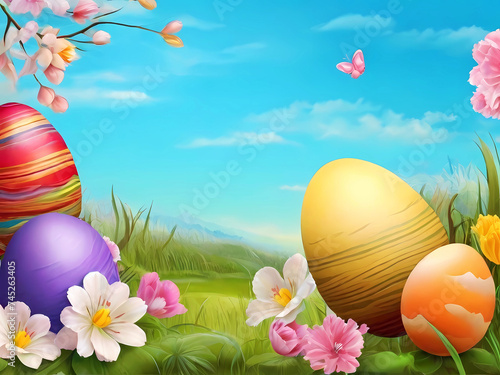 Easter card with colored eggs and flowers