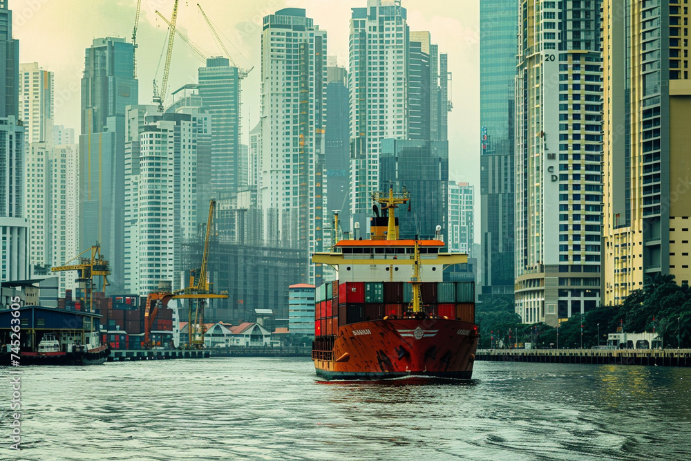Fototapeta premium Against the backdrop of towering skyscrapers, a container ship is loaded with cargo containers at the bustling port, a testament to the interconnectedness of global economies and t