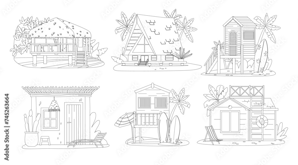 Beach Houses Outline Black and White Icons Set. Summer Huts with Seaside Living Essentials From Surfboards To Palm Trees