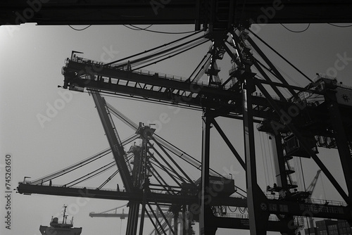 Towering cranes swing into action as cargo containers are loaded onto waiting ships, their mechanical arms moving with precision and efficiency in the timeless dance of maritime co photo