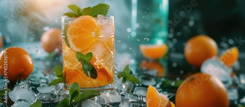 A glass filled with vibrant orange slices and ice, creating a refreshing and citrusy appearance. Mint leaves are seen floating amidst the slices, hinting at a possible mojito cocktail.