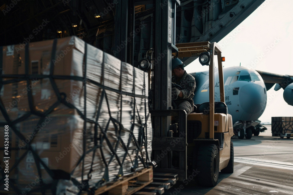 Obraz premium Close-up of forklifts maneuvering cargo pallets onto the cargo plane, their operators working with precision and skill to ensure the efficient loading of goods for transport across