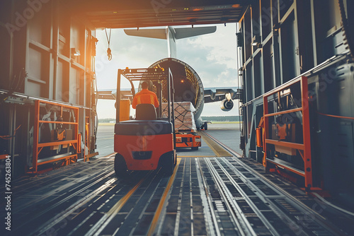 Close-up of forklifts maneuvering cargo pallets onto the cargo plane, their operators working with precision and skill to ensure the efficient loading of goods for transport across