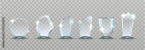 Realistic Glass Trophy Cups, Elegantly Designed With Transparent Finish, Showcase Achievements With Sophistication photo
