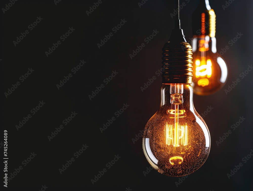 One of Lightbulb glowing among shutdown light bulb in dark area One of Lightbulb glowing among shutdown light bulb in dark area