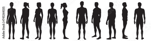 Body full length silhouettes of a man and woman, front, side, 3-4 and back view, vector illustration