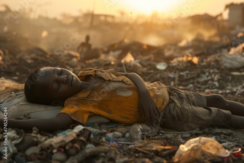 A young boy sleeps amidst rubbish and desolation, capturing a moment of innocence against a backdrop of hardship.
