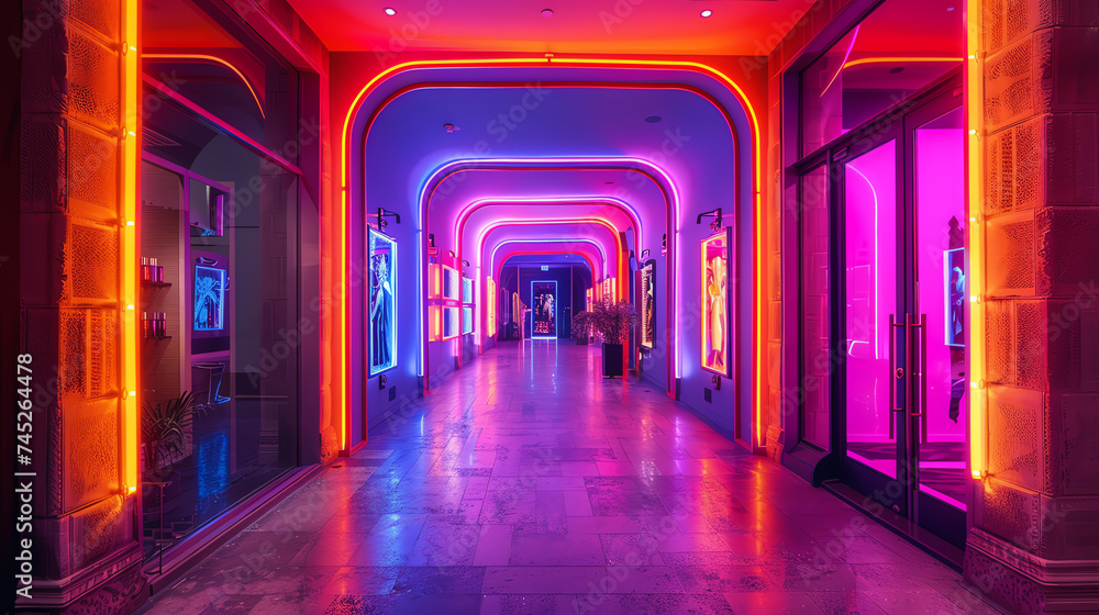 Bold neon lights illuminating the entrance with vibrant hues, drawing attention to the latest beauty trends showcased inside.