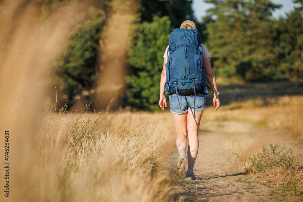 Solo hiker with backpack walks on footpath. Woman hiking on trekking trail in summer nature