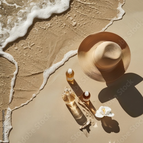 Beachside Skincare Elegance, Sun protection skincare products elegantly arranged on sandy beach with gentle waves and a stylish sun hat.