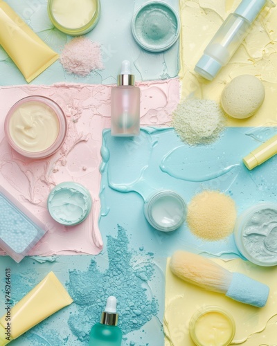 Pastel Skincare Paradise, Artistic pastel-toned skincare assortment with creamy textures.